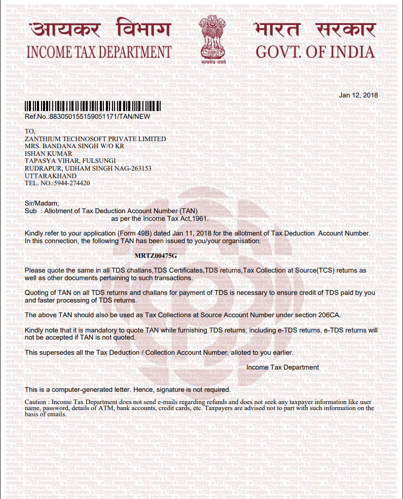 TAN Certificate